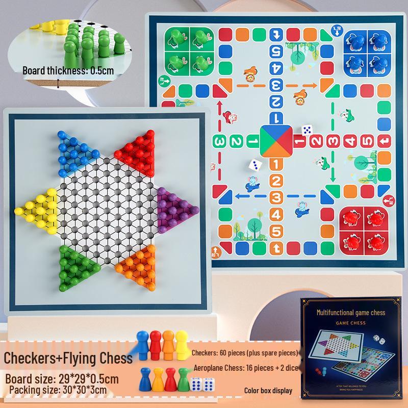 Multifunktionales Holz-Spielbrett: Fliegendes Schach, Dame und Tierkampf für Kinder und Erwachsene