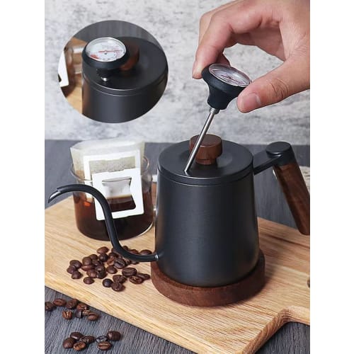 SOVIFKI Coffee Drip Pot with Measuring Cup, Walnut Wood Handle, Coffee Pot for Camping, Open Fire, with Lid, 580ML Stainless Steel Drip Kettle, Small,