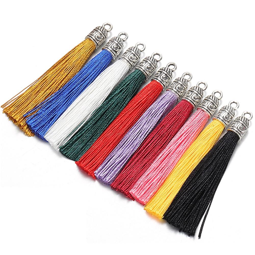 10Pcs 6cm Silk Tassel Charms Brush Tassels With Antique Silver Caps For DIY Jewelry Making Handmade Crafts Pendant Accessories