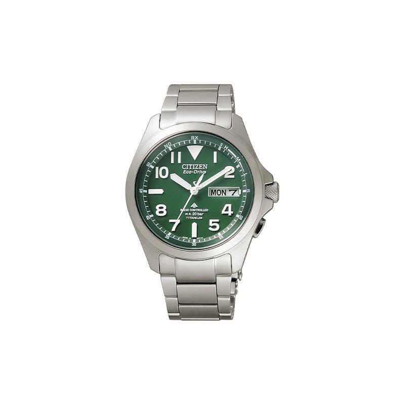 

CITIZEN PROMASTER series radio-controlled green disk calendar light energy Quartz Steel Strap men s watch green dial PMD56-2951 синій