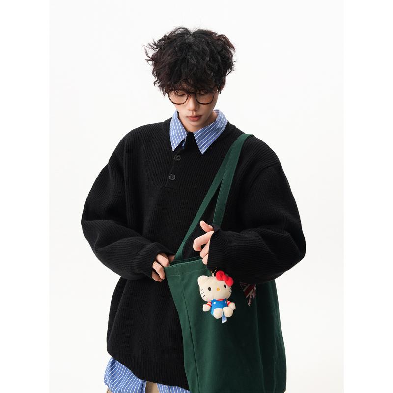 American Retro Henley Collar Button Sweater Men Women Winter Loose Slouchy Long Sleeve Base Pullover Knitwear