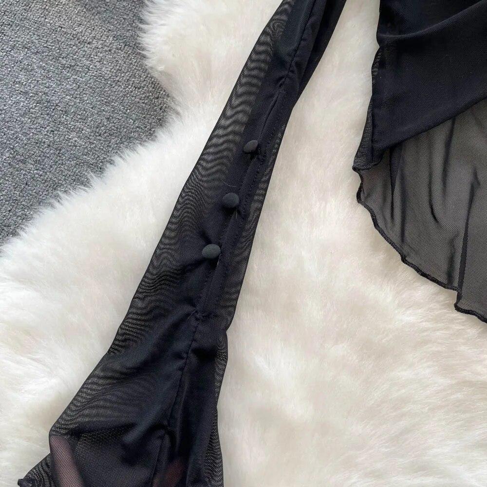 Sexy French sle Retro V-neck Knit cardigan Women Spring/Summer Thin Sunscreen Cover Up Short Long sleeve Bell Sleeve Top