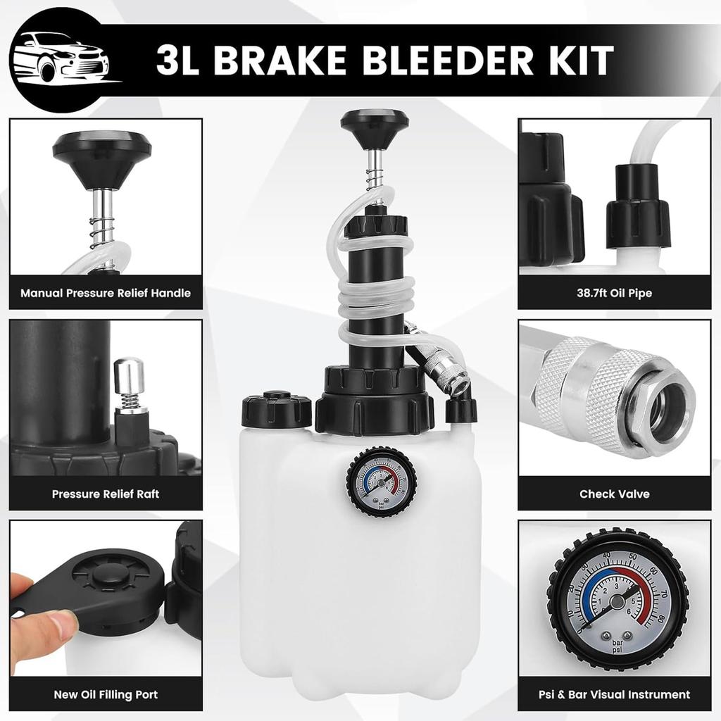 Car Manual Brake Fluid Bleeder Kit 3L Vacuum Brake Pressure Fluid Pump Professional Brake Flush Machine Pneumatic Brake Bleeder