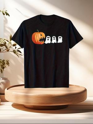 Halloween Pumpkin and Ghost Graphic Tshirts for Men and Women with Jackolantern In Black with White Print for Casual Wear