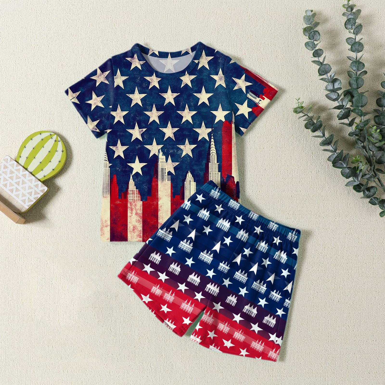 

Мода для мальчиков девочек Повседневный комплект ко Дню независимости: футболка с круглым вырезом и короткими рукавами, шорты 150