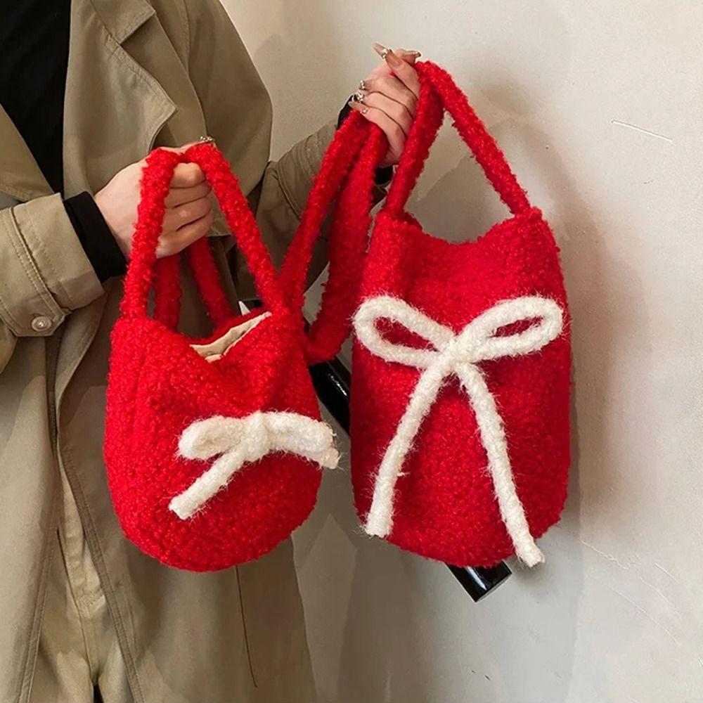 Single Shoulder Plush Bucket Bag Large Capacity New Year Red Tote Simple Red Crossbody Bag Autumn