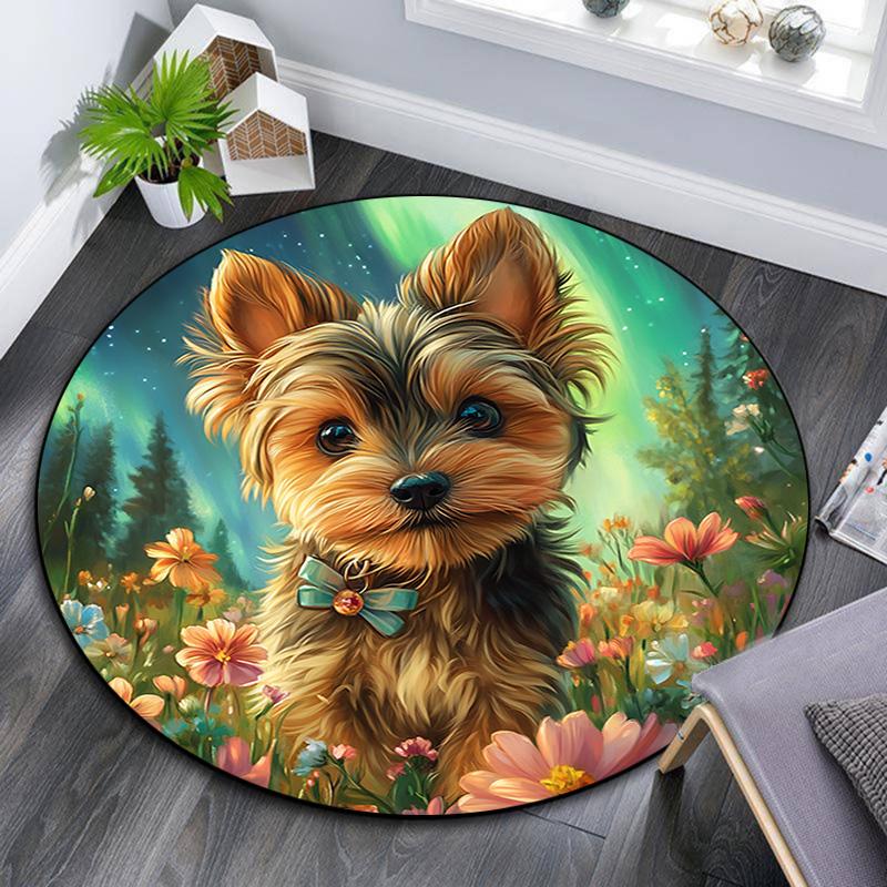 Yorkshire Terrier Round Area Rug,Carpet Rug for Living Room Bedroom Sofa Playroom Decor,Non-slip Floor Mat