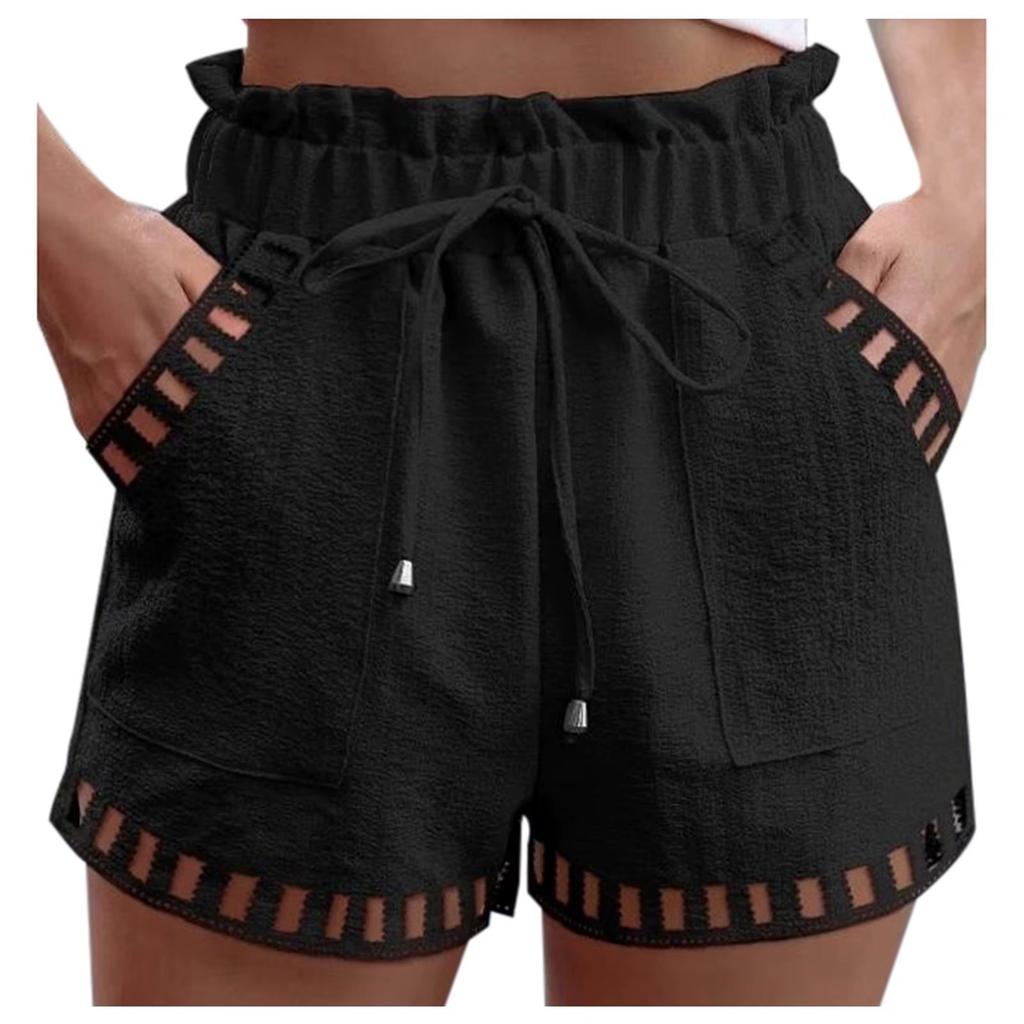 Cotton Linen Shorts Women's Pants Solid Color Thin Hollow Out Design Trim Pocket Tight Waist Shorts Beachwear White Clothes