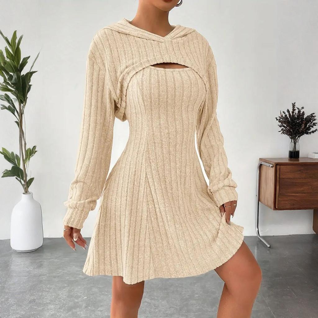 Women's Fashionable Casual Solid-color Long-sleeved Hooded Short Top + Sleeveless Dress Set