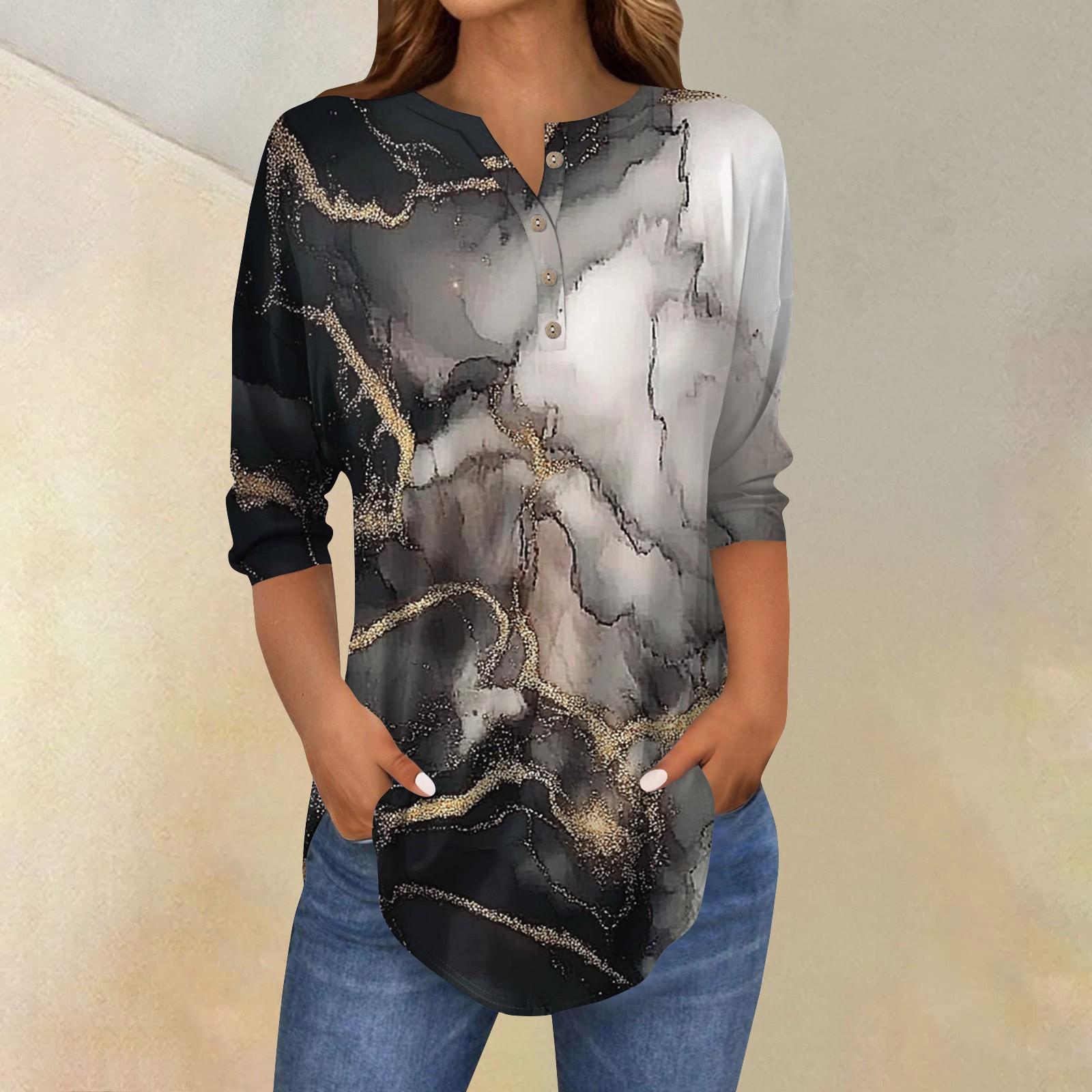 

Женская свободная футболка с воротником на пуговицах и винтажным цветочным принтом, рукав три четверти L циан