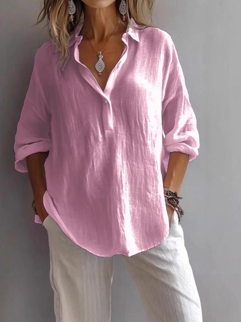 Plus-Size V-Neck Long Sleeve Women's Top - Solid Color, Casual & Versatile (Europe & America, 2025).