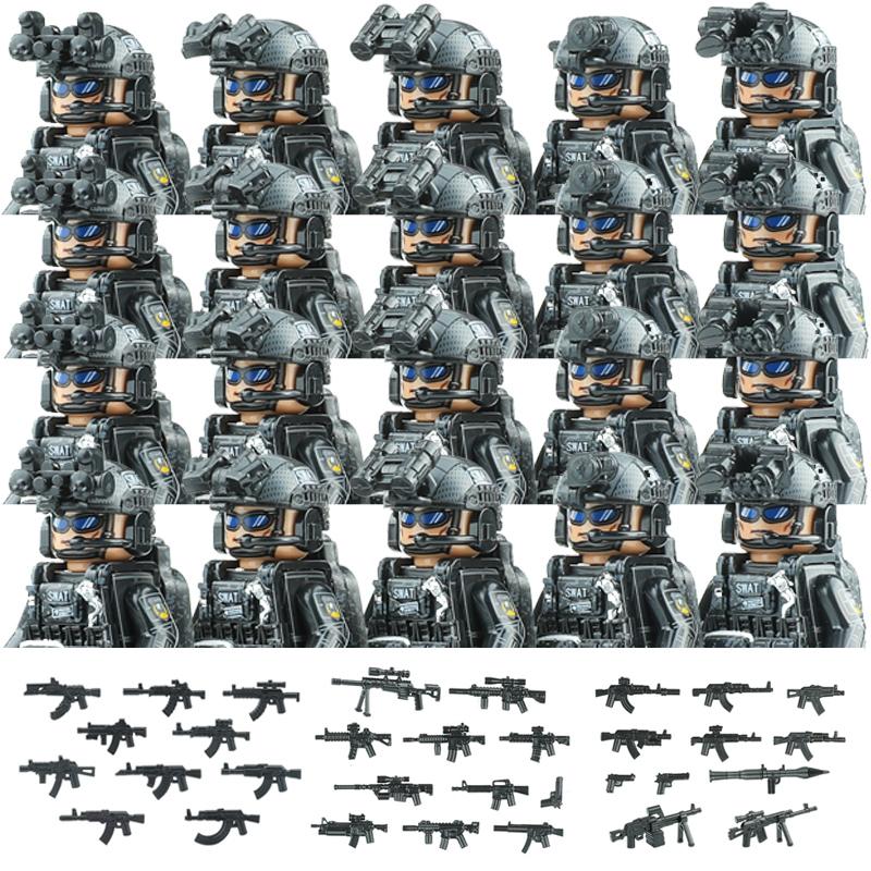 20PCS Military Army Figures Building Blocks SWAT Ghost Commando US Russia Special Forces Soldier Weapons Shield Belt Bricks Toys
