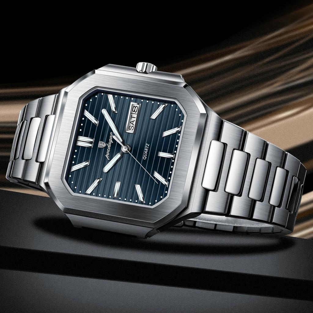 POEDAGAR Square Fashion Man Wristwatch Waterproof Luminous Date Week Quartz Men's Watches Stainless Steel Luxury Men Watch Reloj