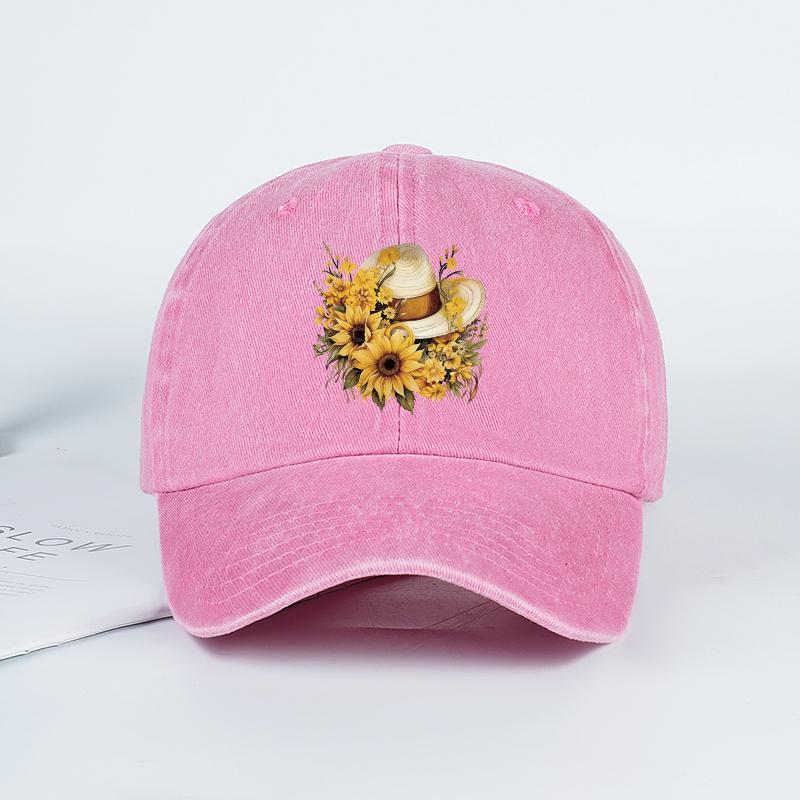 Sunflower Straw Hat Print Baseball Cap Men Women Vintage Washed Cotton Adjustable Dad Hat Summer Floral Sun Hat розовый