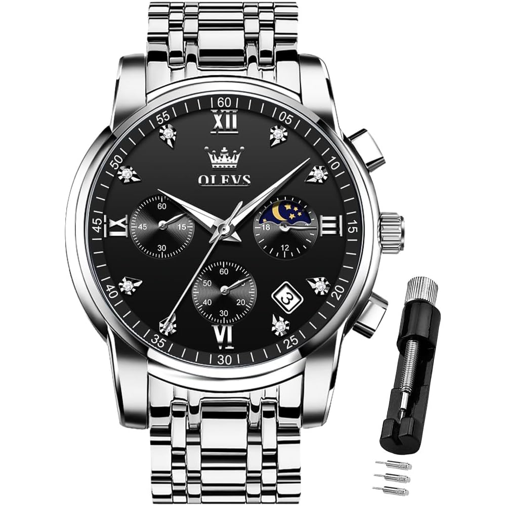 OLEVS Men s Luxury Analog Quartz Watch Silver Black Two-Tone Waterproof Date Display Stainless Steel Casual Timepiece