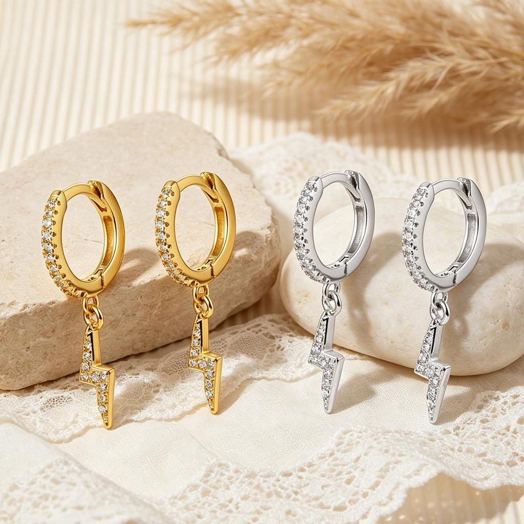 European S925 Sterling Silver Lightning Stud Earrings, Geometric Design with Zirconia Inlay, High-End Luxury, Unique Niche Style for Women.