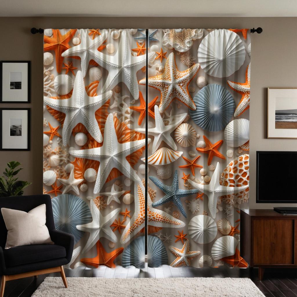 2 Stück HD Ozeanwelt Muschel dekorativer Vorhang Gelber Bindevorhang digital bedruckter Vorhang Heimdekoration Stil Dekoration Wohnen