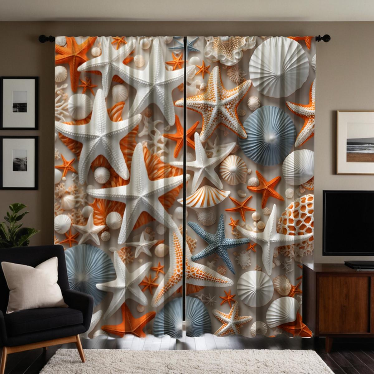 

2 шт. HD Ocean World декоративная занавеска в виде ракушки Желтая завязка цифровая печатная занавеска Украшение дома стиль Украшение гостиной W52H63inchW132H160cm