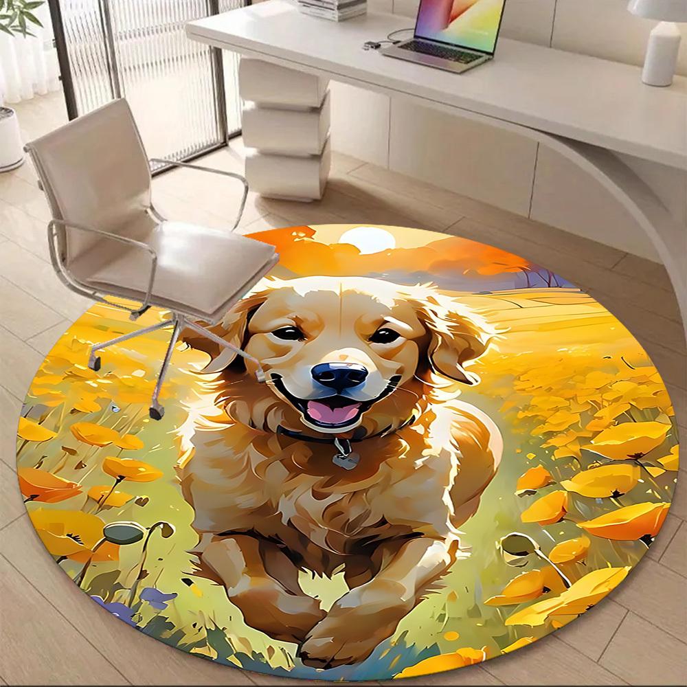 1pc Dog Golden Retriever Flowers Office Round Area Rug, Mat Suitable ForOffice, Under Office Chairs Bedroom Living Room Home Decor, Room Deco