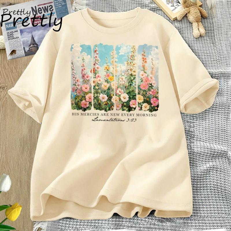 Retro Flower Print Cotton Clothing T-Shirt for Woman Are New Every Morning T Shirt Cozy Tee