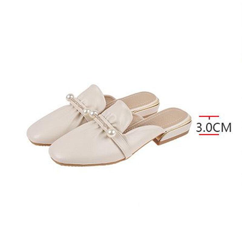 WTEMPO Women's Spring and Summer Square Toe Slippers Thick Low Heel Wrapped Toe Pearl Beige Rhinestone Pleated Soft Sole Soft Leather Slip-on Sandals