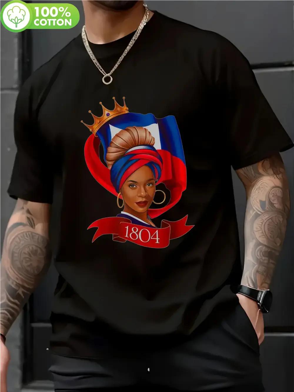 

180g 100% Cotton Short Sleeve T-shirt - Haitian Queen & Flag Independence Day Design XXXXL
