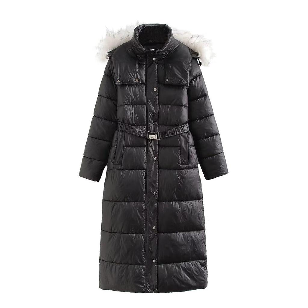 2024 Autumn Women's European & American Style Long Cotton Coat with Fur Collar