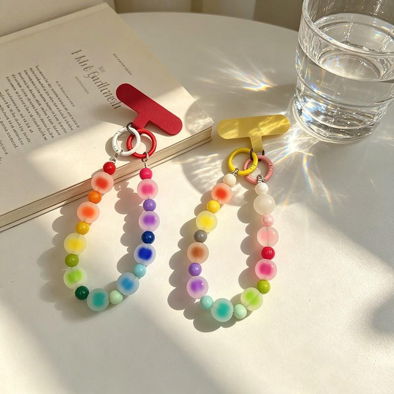 Rainbow Frosted Jelly Bead Phone Lanyard Lightweight Double Clasp Anti-Lost Wrist Strap for Daily Commute Shopping