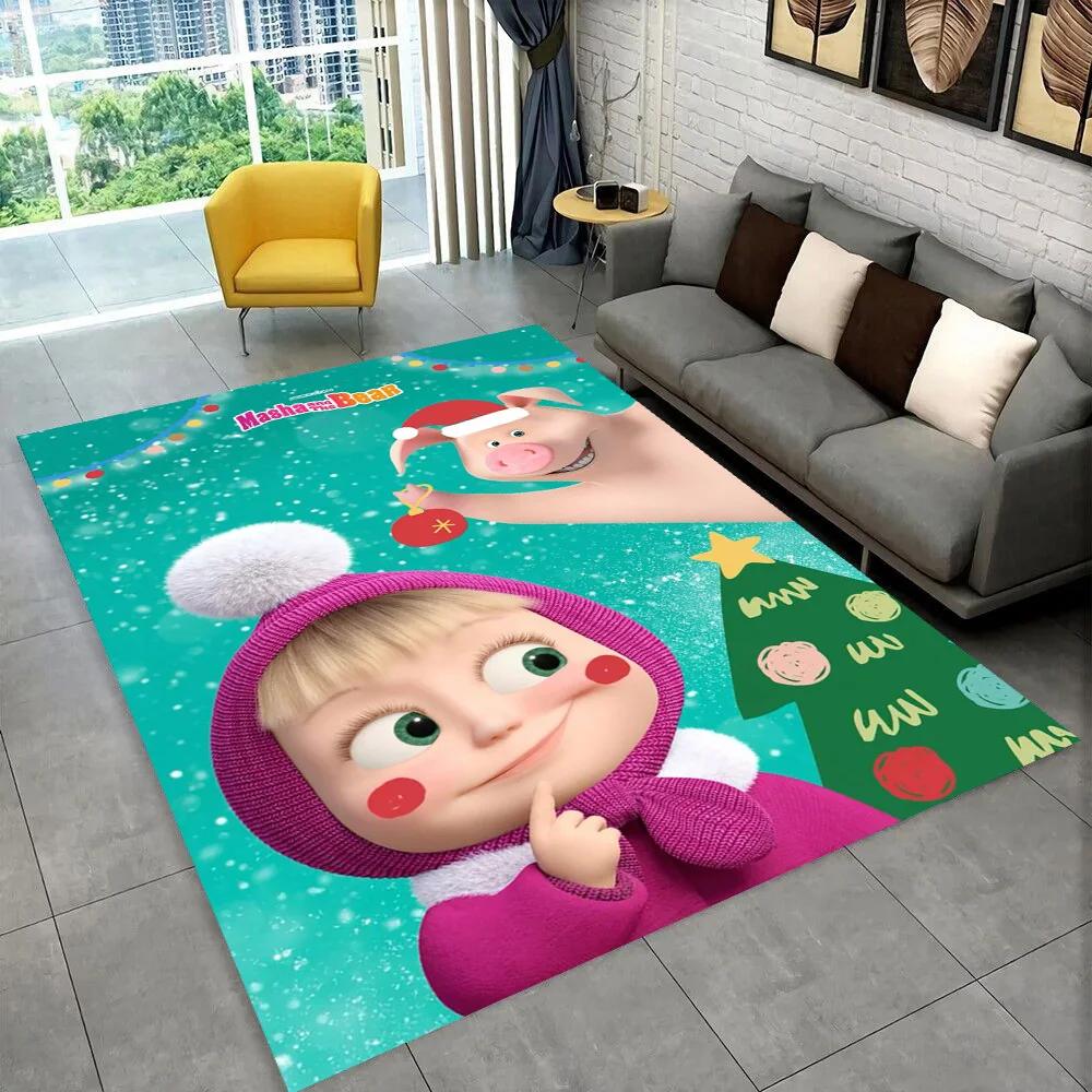 3D M-Masha Cartoon B-Bear Christmas Area Rug,Carpet Rug for Living Room Bedroom Sofa Doormat Decoration, Kids Non-slip Floor Mat