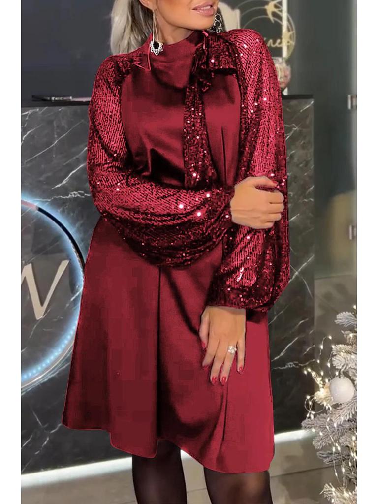 2024 Autumn/Winter Long-Sleeve Patchwork Sequin Tie-Up Mini Dress