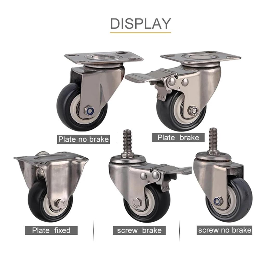 2Pcs 2 Inch Casters Wheels with 304 Stainless Steel Frame Polyurethane Tread Mute No Rust for Humid Environment Industrial PU Casters(Flat Brake,1.5