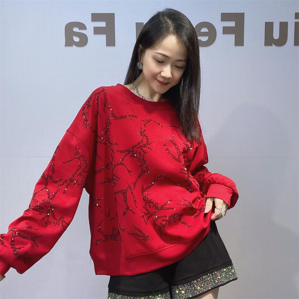 

Стильный свитшот с бриллиантовым узором и короткими/длинными рукавами для женщин. Новый универсальный топ с круглым вырезом для осени и зимы. One Size красный