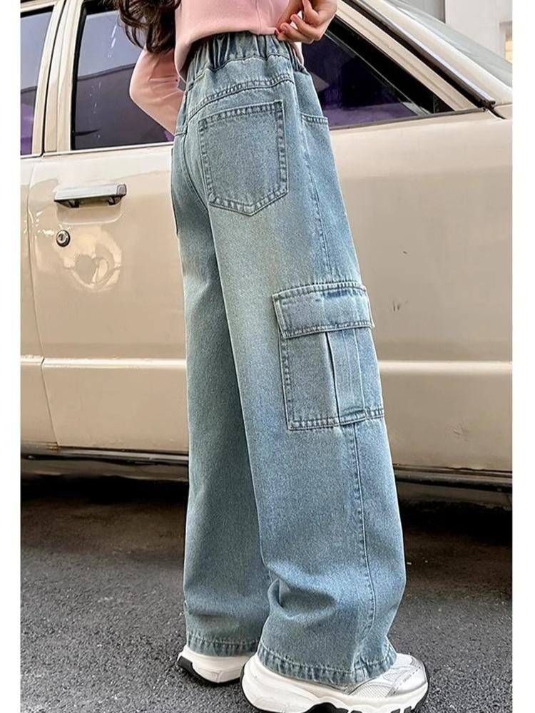 Girls Cargo Demin Pants Kids Casual Wide-legged Jeans Teenagers Fashion Streetwear Baggy Trousers Children Clothes 5-14 Years