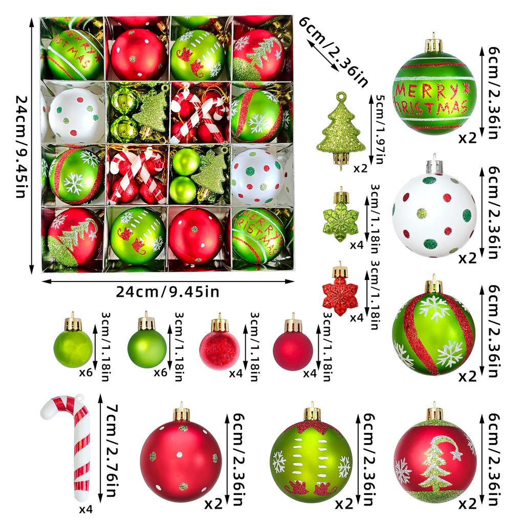 46Pcs Christmas Tree Ornaments Set Red Green White Snowflake Candy Cane Painted Baubles Holiday Home Decor