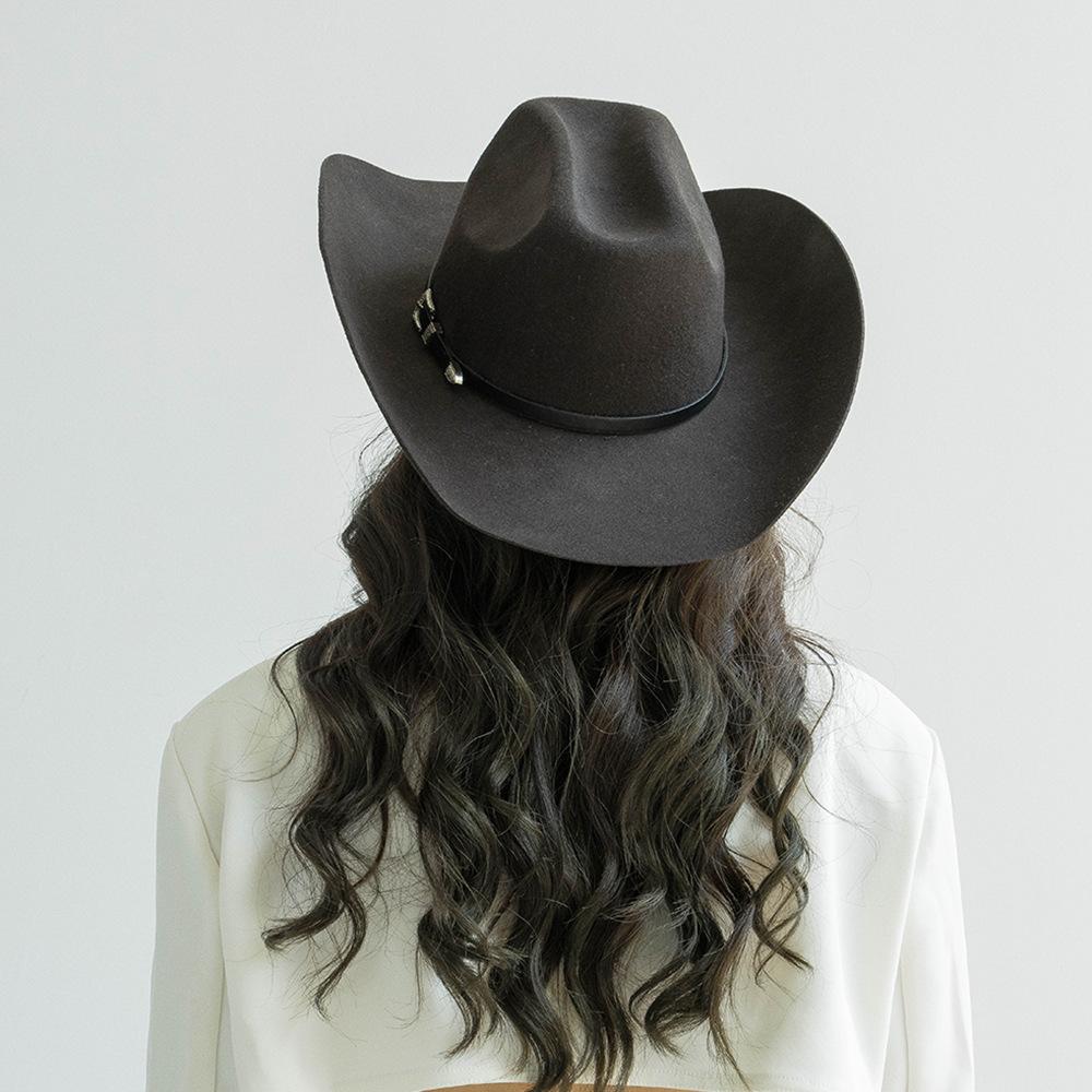 Europe, America, Autumn and Winter New Fashion Casual Belt Buckle Upturned Edge Big Brim Wool Felt Denim Hat Outdoor Warm Top Hat Tide
