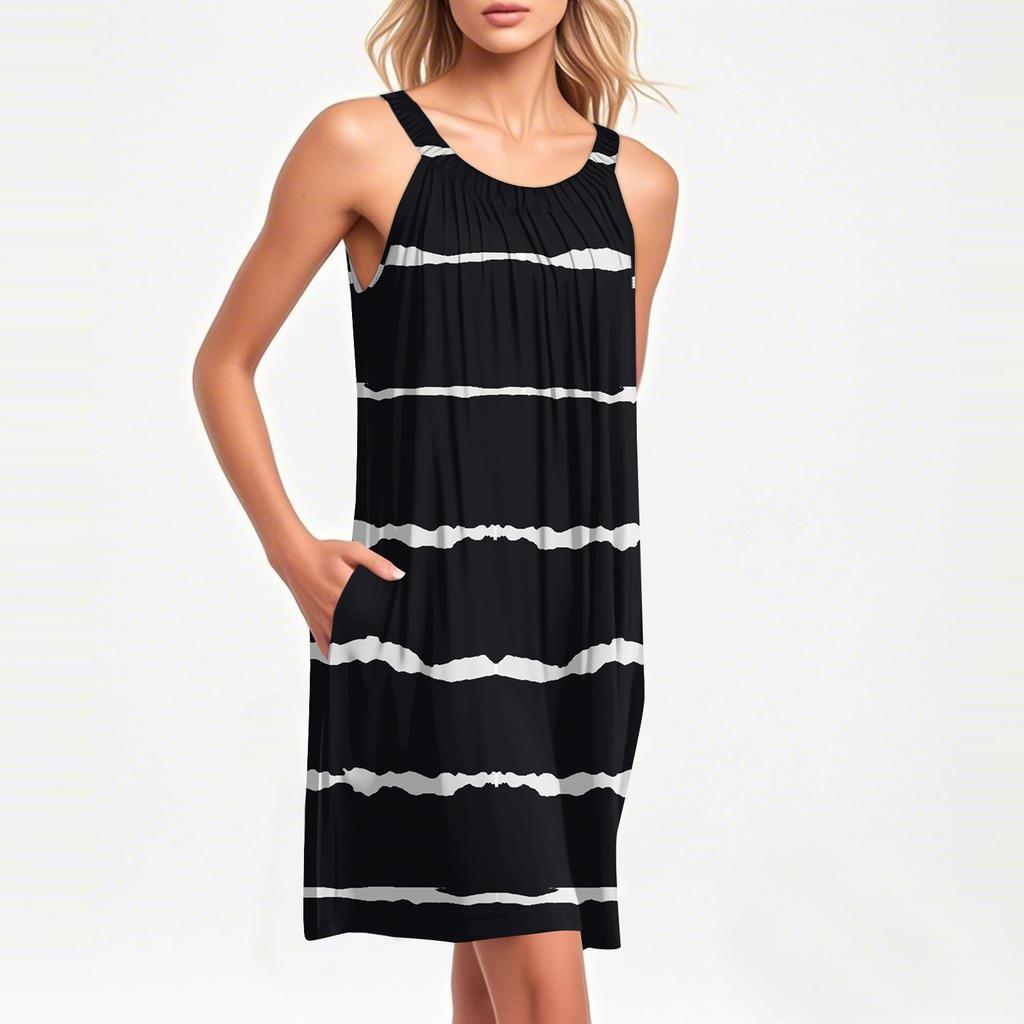 Ladies Fashion Beach Vest Casual Summer Stripe Print Dress With Pocket Straps