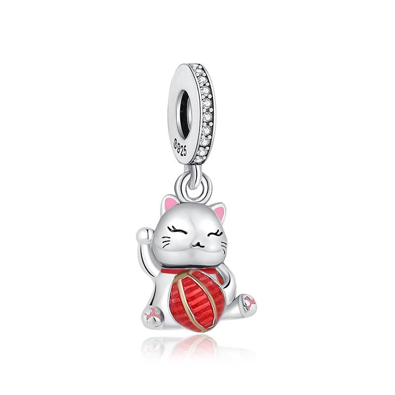 Original 925 Sterling Copper Charms Maneki Neko Lucky Fortune Cat Beads Pave CZ Fit Brand Bracelets Necklaces Women Zircon