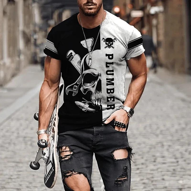 Instalatérská grafická trička 3D potisk tričko Pánské oblečení Letní pánské topy Mechanik Krátký rukáv Kulatý výstřih Osobnost O-výstřih Topy