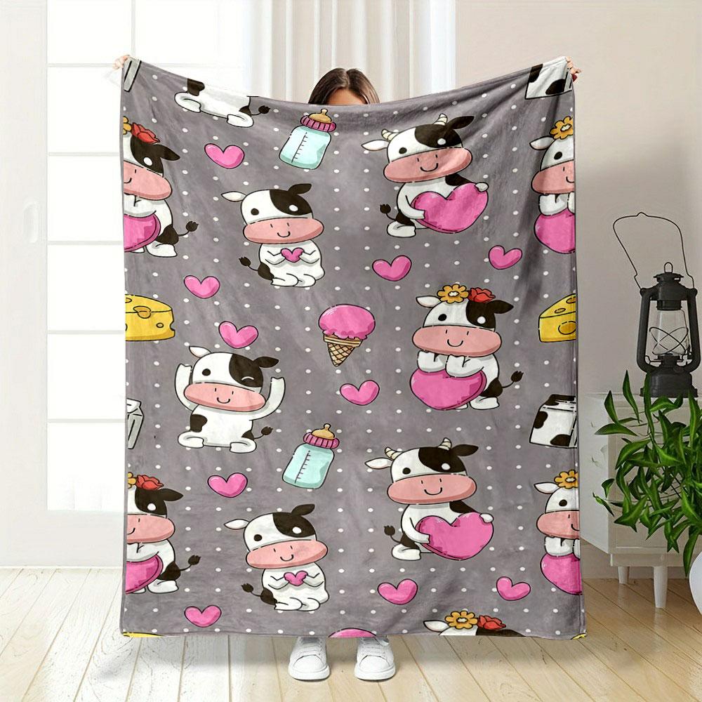 Cartoon Cow Heart Print Blanket bedroom Blanket for Livingroom Couch lunch break Soft throw for Friend's festival Gift
