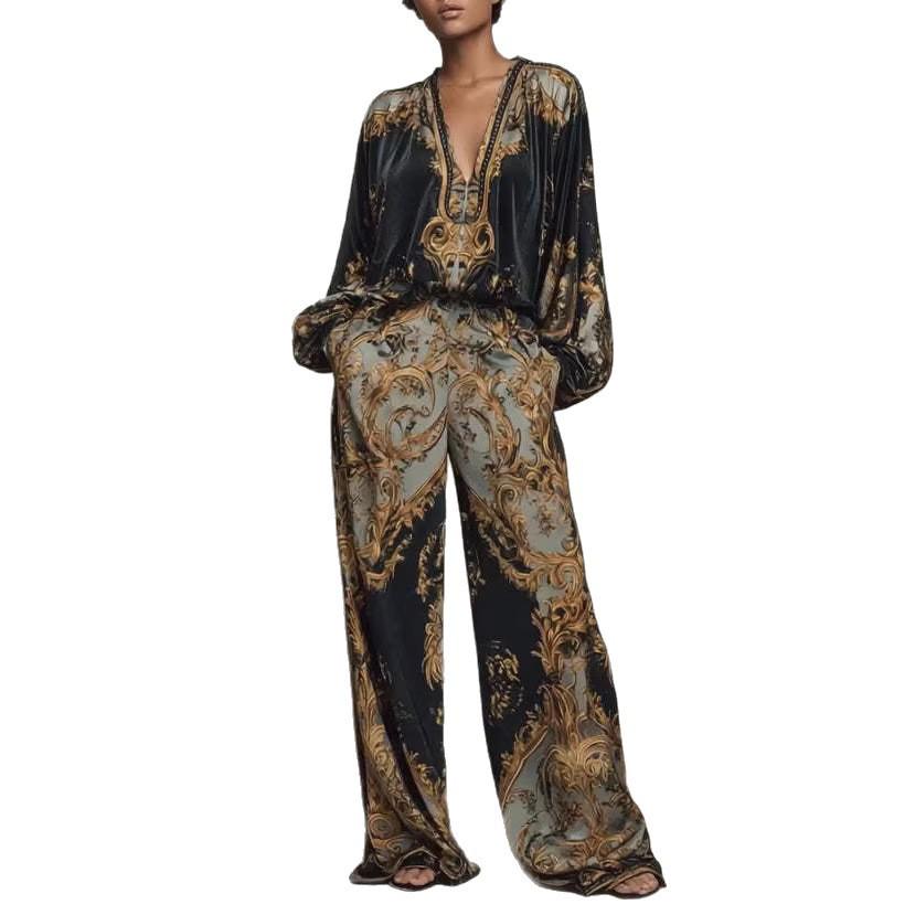 2025 Early Spring Retro V-Neck Korean Velvet Printed Women's Suit