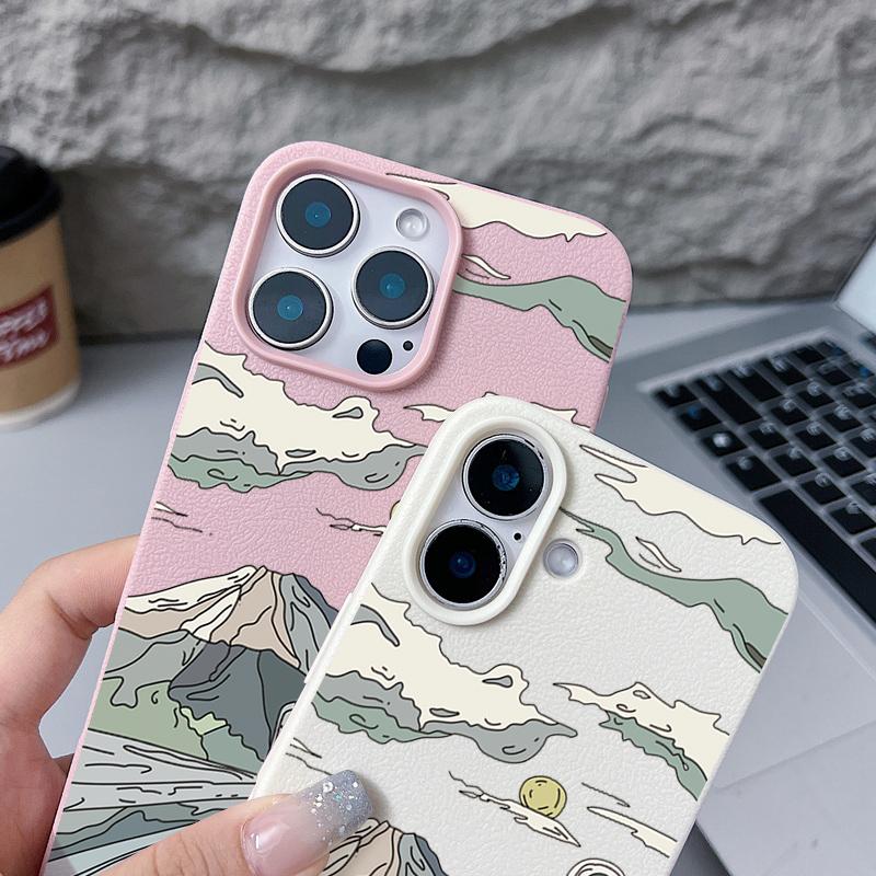 Mountain Pattern Matte Slim Phone Case For iPhone 16 17 Pro Max 15 Pro 14 13 12 11 17 Leather Texture Shockproof TPU Soft Bumper Cover