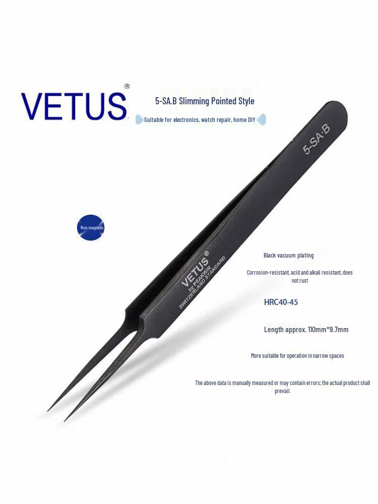 VETUS SA Black Series 302 Stainless Steel Precision Tweezers for Mobile, Watch Repair, Hair Removal, and Bird's Nest Picking