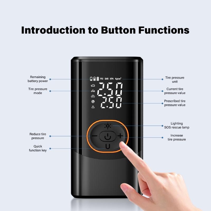 Fast Electric Air Inflator Compressor Pump For Car Bicycles Tires Wireless Charging Auto Stop And Emergency LED Light