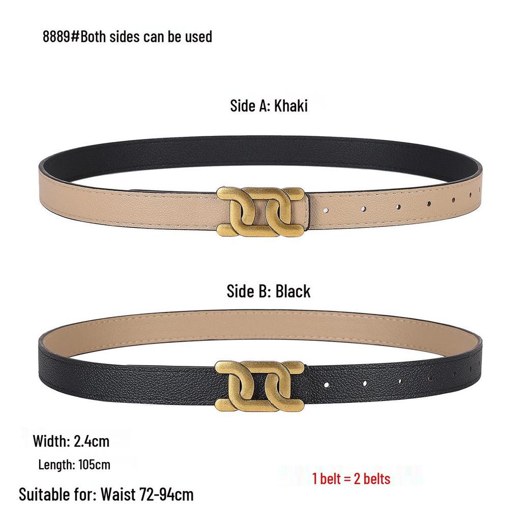 Smooth Buckle Black Lychee Grain Dual-Use Women's Leather Belt