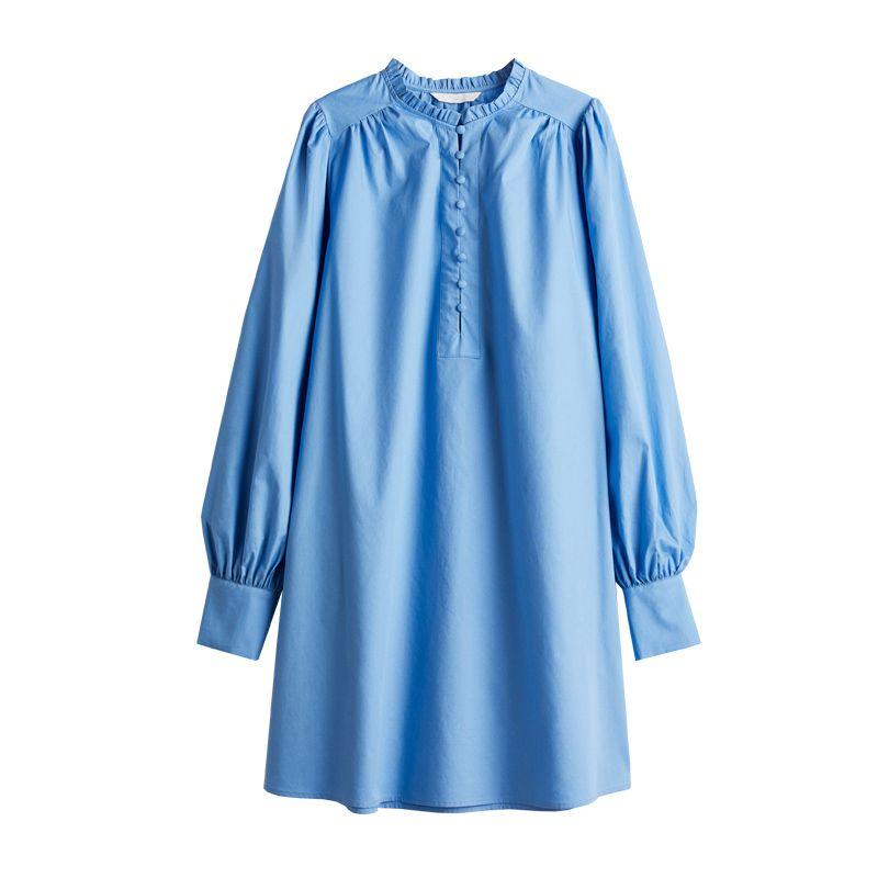 Spring New Women's Clothing French Style Stringy Selvedge round Neck Lantern Sleeve Short a Words Mini Dress 1264747