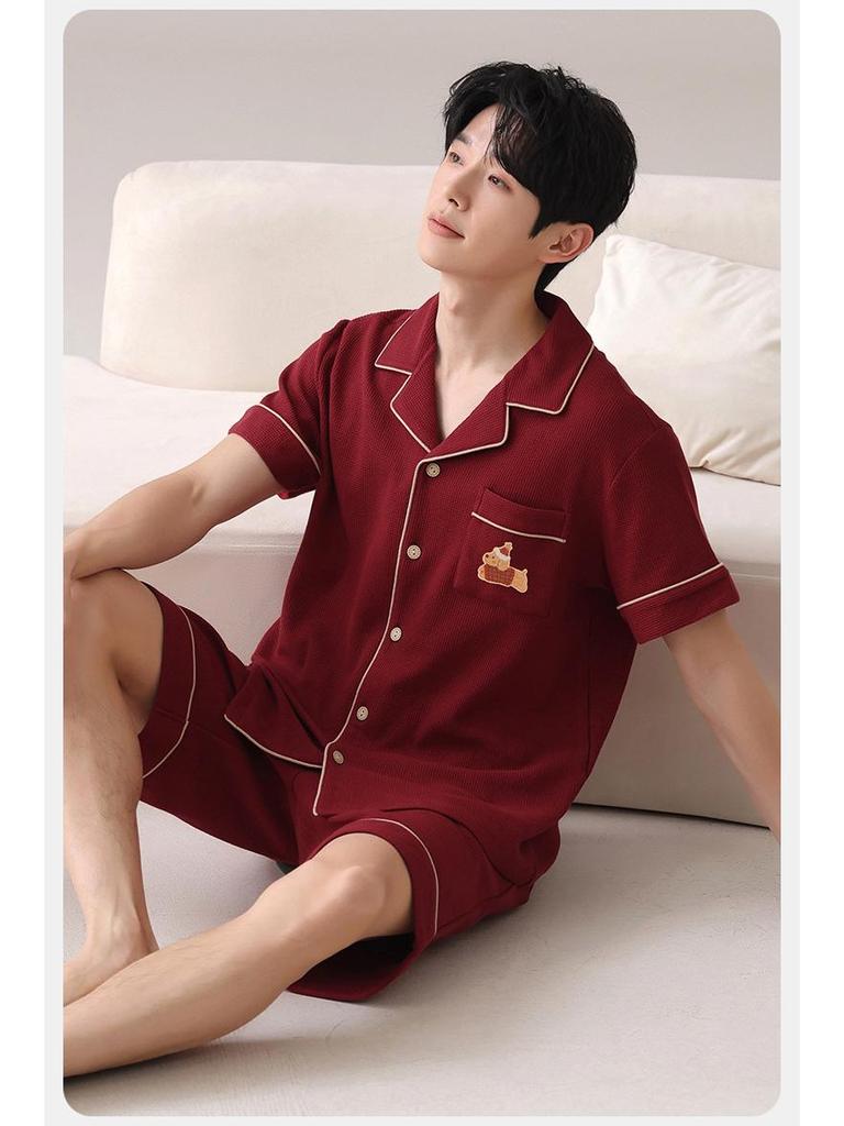 Red Cotton Anti-bacterial Year of the Rat Couple Pajama Set - Short Sleeve, Shorts & Cardigan for Newlyweds