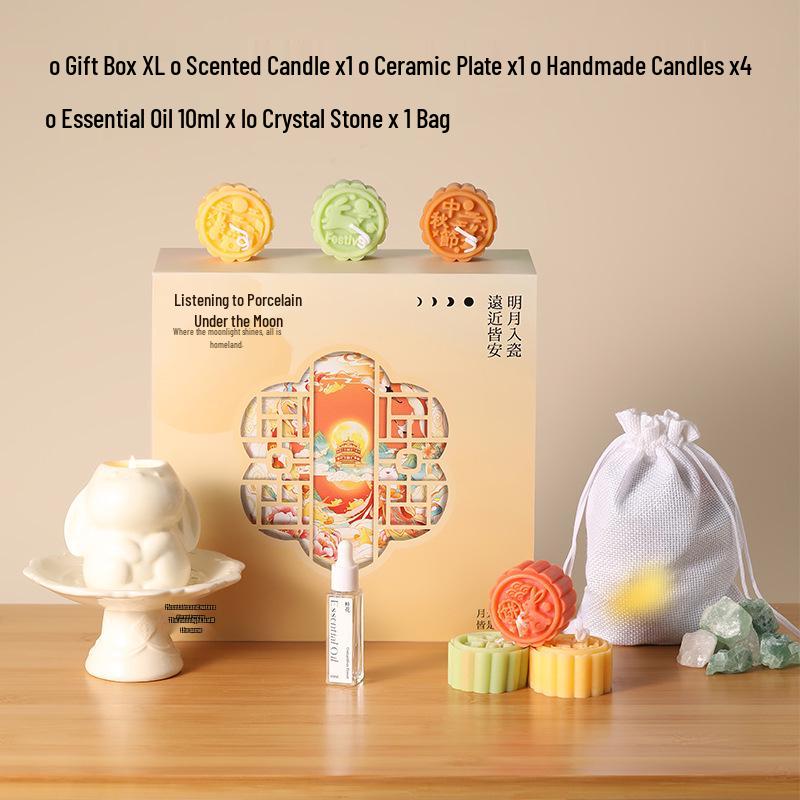 Elegant Mid-Autumn Mooncake Scented Candle Gift Set With Crystal Aroma Diffuser