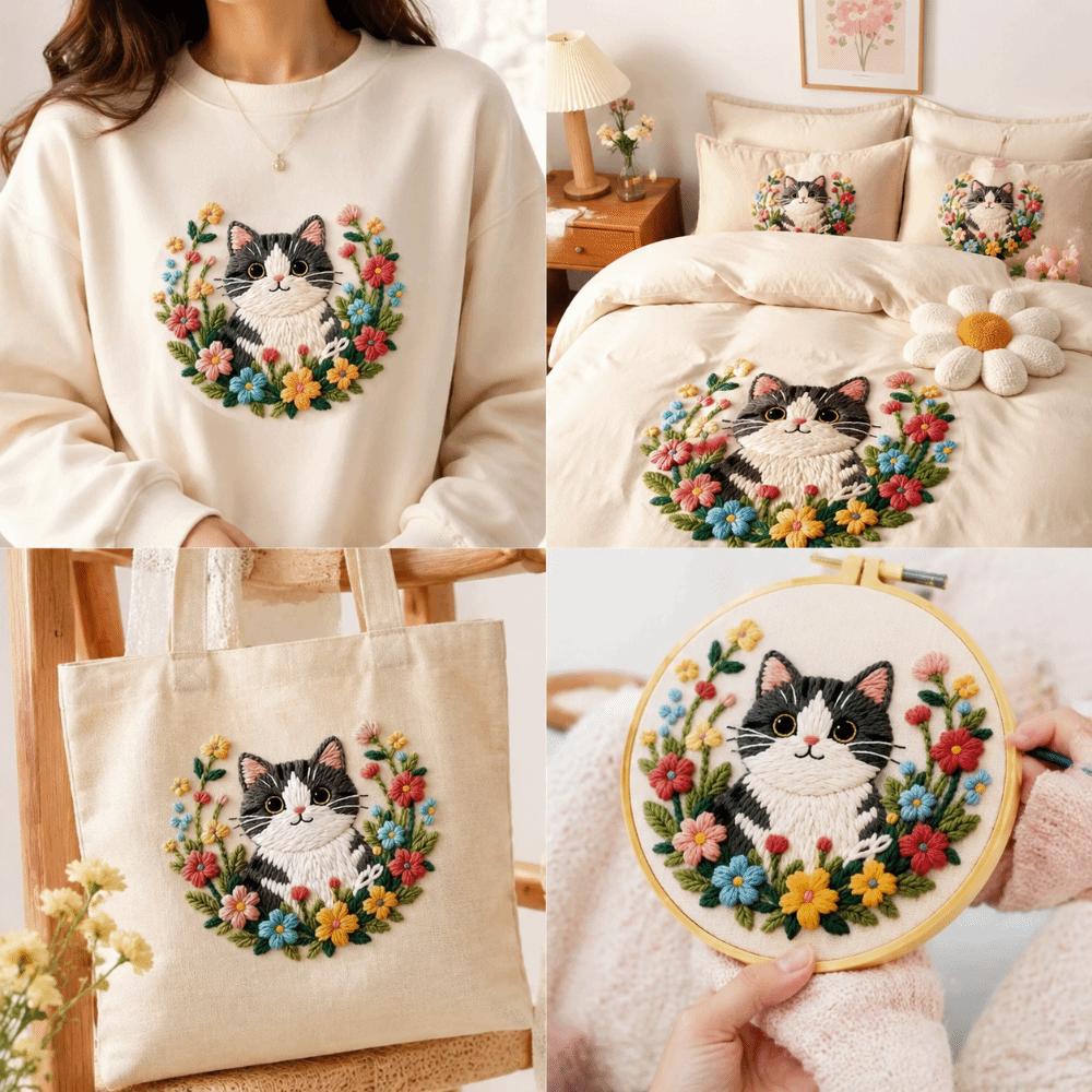 Creative DIY Embroidery Kit Cat Handmade Punch Needle Kits Hand-stitched Colorful Needlework Craft Wall Decor