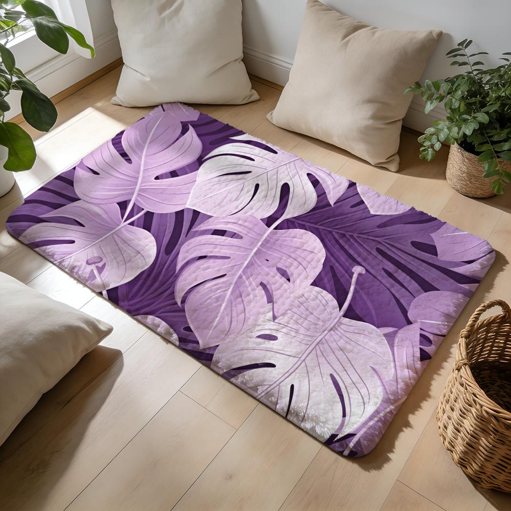 Purple Tropical Leaves Floor Mat Soft Flannel Absorbent Mat Non-Slip Rug Home Bedroom Bathroom