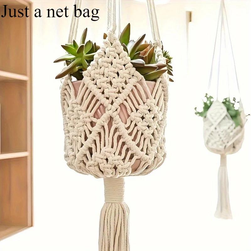 1pc Boho Macrame Plant Hanger for Indoor Outdoor Hanging Succulents Cotton Rope Woven Hanging Basket with Net Pouch